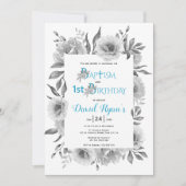 Invitation Fleurs grises garçon baptême et 1er anniversaire b (Devant)
