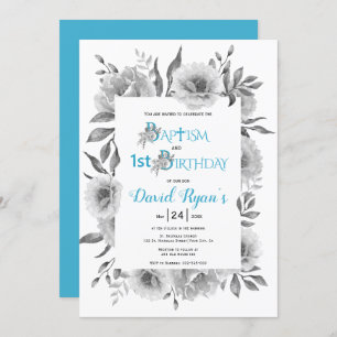 Invitation Fleurs grises garçon baptême et 1er anniversaire b