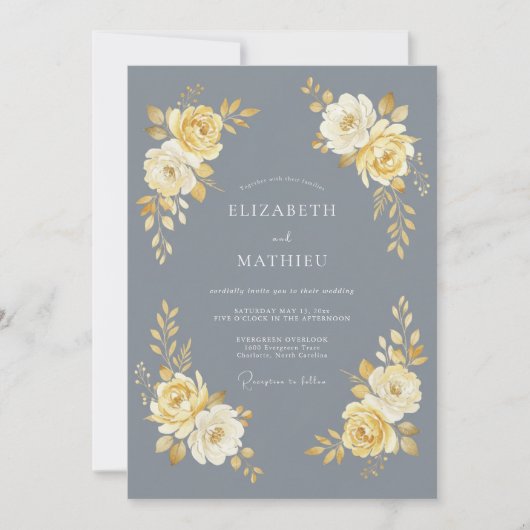 Invitation Fleurs grises mariage Golden Bloom (Devant)