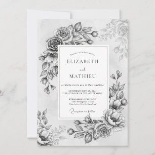 Invitation Fleurs grises peintes Romance Mariage