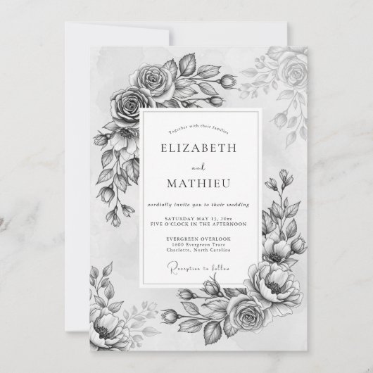 Invitation Fleurs grises peintes Romance Mariage (Devant)