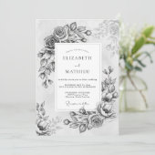 Invitation Fleurs grises peintes Romance Mariage (Debout devant)