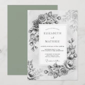 Invitation Fleurs grises peintes Romance Mariage (Devant / Derrière)