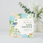 Invitation Fleurs Hydrangea baby shower papillon d'oiseaux (Debout devant)