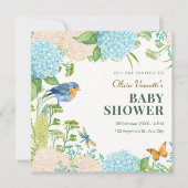 Invitation Fleurs Hydrangea baby shower papillon d'oiseaux (Devant)