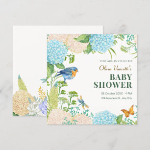 Invitation Fleurs Hydrangea baby shower papillon d'oiseaux