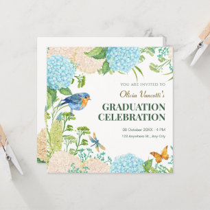 Invitation Fleurs Hydrangea Bird Butterfly graduation