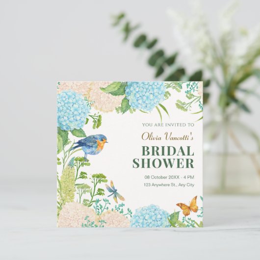 Invitation Fleurs Hydrangea Bird Butterfly nuptiale douche (Debout devant)