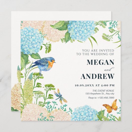 Invitation Fleurs Hydrangea mariage de papillon d'oiseaux (Devant / Derrière)