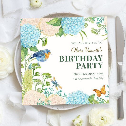 Invitation Fleurs Hydrangea Oiseau papillon anniversaire