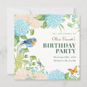 Invitation Fleurs Hydrangea Oiseau papillon anniversaire (Devant)