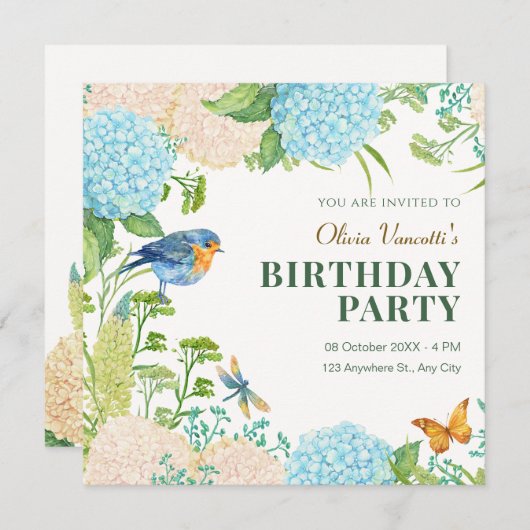 Invitation Fleurs Hydrangea Oiseau papillon anniversaire (Devant / Derrière)