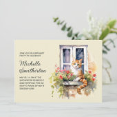 Invitation Fleurs Jaune Chat Fenêtre Anniversaire  (Debout devant)
