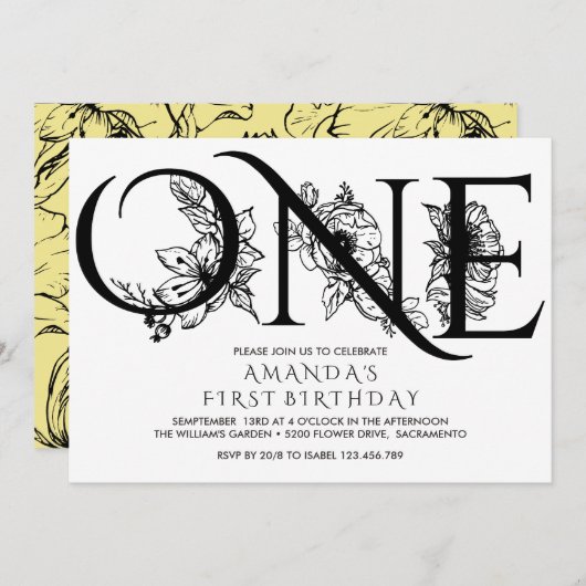 Invitation Fleurs jaunes | 1er anniversaire (Devant / Derrière)