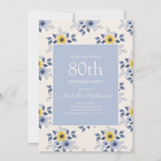 Invitation Fleurs jaunes bleu foncé Blanc 80e anniversaire (Devant)