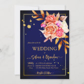 Invitation Fleurs jaunes bleues royales mariage de automne (Devant)