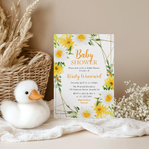 Invitation Fleurs jaunes d'été et Baby Shower cadre doré