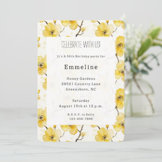 Invitation Fleurs Jaunes d'or Anniversaire (Debout devant)