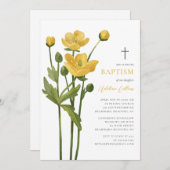 Invitation Fleurs Jaunes Douces Élégant Script Baptême (Devant / Derrière)