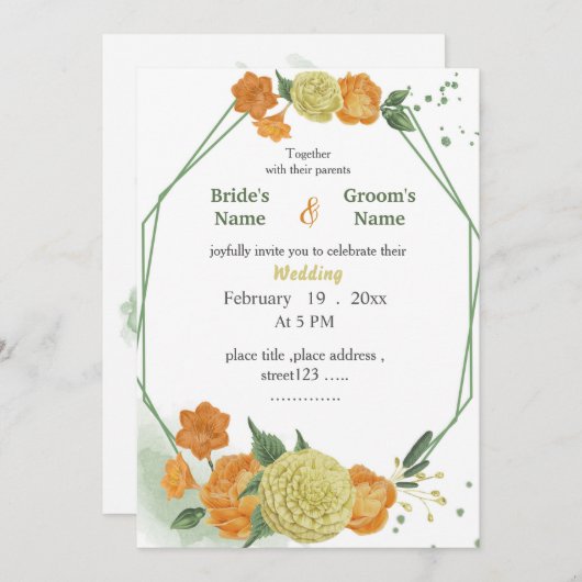 Invitation fleurs jaunes et orange verdure mariage géométriqu (Devant / Derrière)