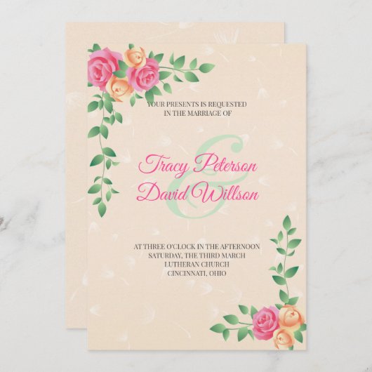 Invitation Fleurs Jaunes Et Roses Mariage (Devant / Derrière)