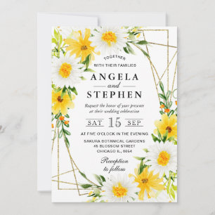 Invitation Fleurs Jaunes Marguerites Cadre Doré Mariage