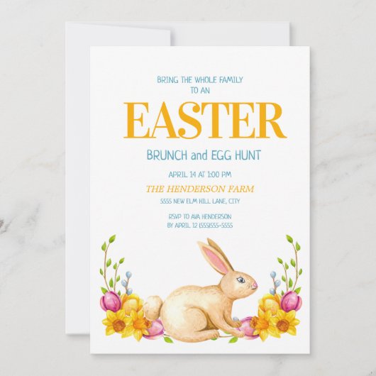 Invitation Fleurs Jaunes Mignonnes Lapin Pâques Brunch Chasse (Devant)