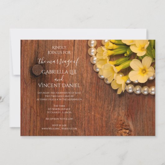 Invitation Fleurs Jaunes, Perles, Mariage campagnard En Bois (Devant)