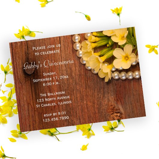 Invitation Fleurs Jaunes Rustiques Perles Quinceanera Grange