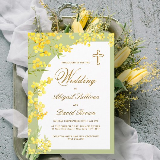 Invitation Fleurs jaunes sur Lime Vert Mariage religieux