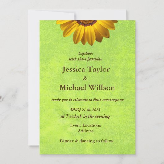Invitation Fleurs jaunes sur Monogramme vert Abstrait (Devant)