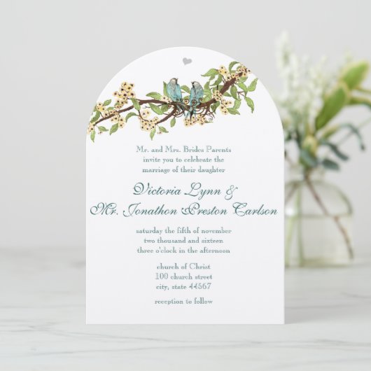 Invitation Fleurs Jaunes Turquoise Aqua Blue Bird Wedding Inv (Debout devant)