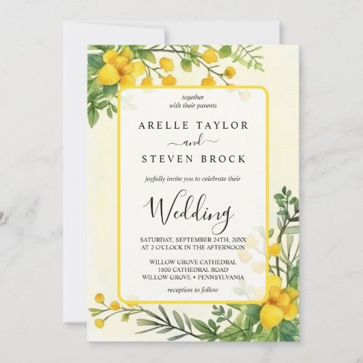 Invitation Fleurs jaunes verdure cadre de transparence mariag (Devant)
