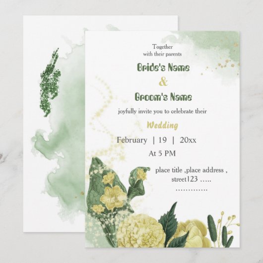 Invitation fleurs jaunes verdure mariage (Devant / Derrière)