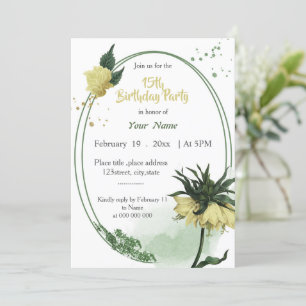 Invitation fleurs jaunes vert anniversaire géométrique
