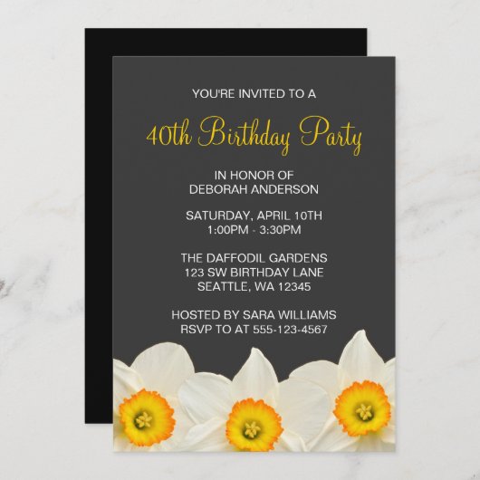 Invitation Fleurs jonquilles jaunes et grises (Devant / Derrière)