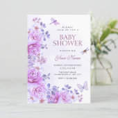 Invitation Fleurs libellule baby shower (Debout devant)