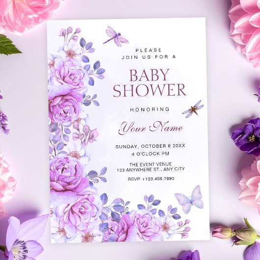 Invitation Fleurs libellule baby shower