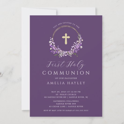 Invitation Fleurs Lilac Filles Première Communion (Devant)