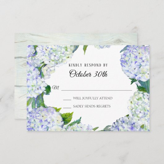 Invitation Fleurs Lilac White Hydrangea w Wood RSVP Mariage (Devant / Derrière)