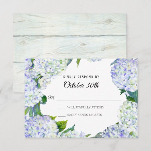 Invitation Fleurs Lilas Blanc Hydrangea avec Bois RSVP Mariag (Devant / Derrière)