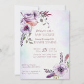 Invitation Fleurs lilas bordeaux pourpres avec plumes d'oisea (Devant)