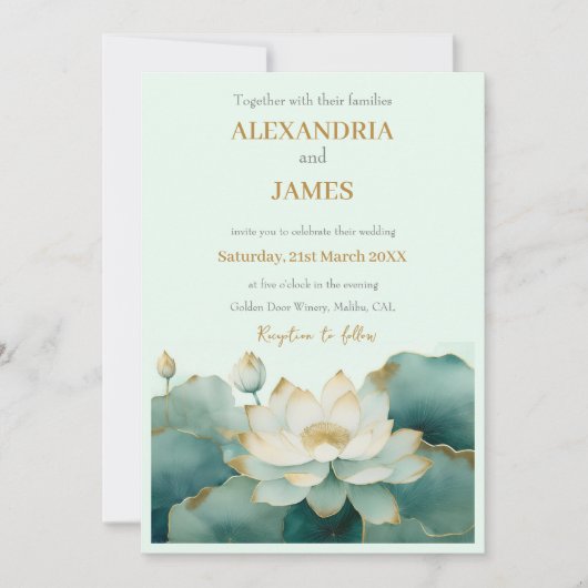 Invitation Fleurs Lotus mariages aux bords or (Devant)