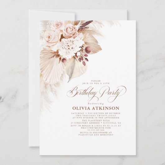 Invitation Fleurs lumineuses et Pampas Boho en herbe Annivers (Devant)