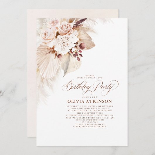 Invitation Fleurs lumineuses et Pampas Boho en herbe Annivers (Devant / Derrière)