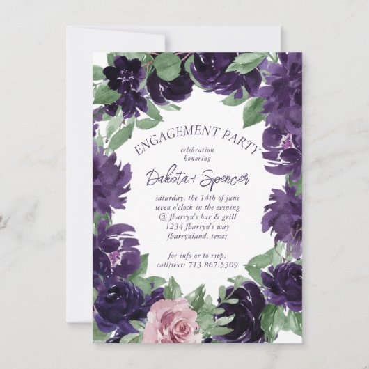 Invitation Fleurs luxuriantes | Fiançailles de roses violette (Devant)