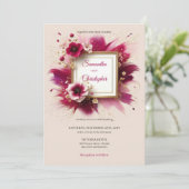 Invitation Fleurs magenta modernes et cadre or mariage (Debout devant)