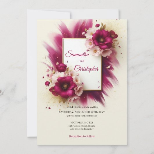 Invitation Fleurs magenta populaires et mariage à cadre doré (Devant)