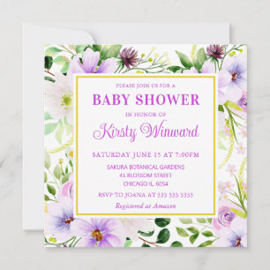 Invitation Fleurs Magiques Violettes Aquarelle Baby Shower