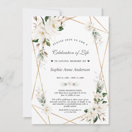 Invitation Fleurs Magnolia Blanches Célébration Or De La Vie (Devant)